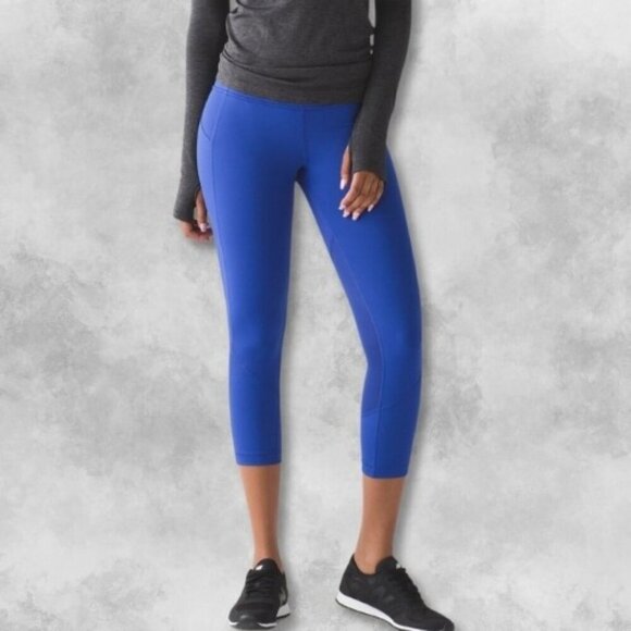 Lululemon Pace Rival Mid Waist Mesh Panel Fitted Crop Capri Leggings Blue W 28 - Picture 1 of 9